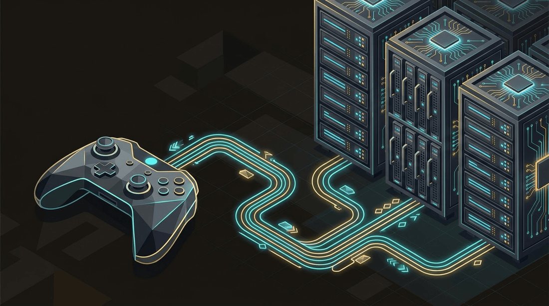 Game controller connected to server racks by glowing circuit lines