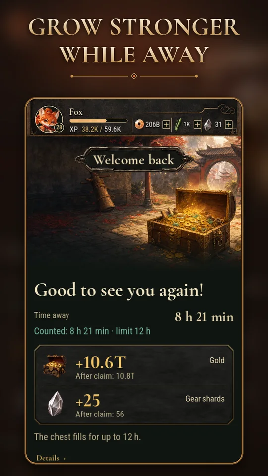 Welcome back screen with the offline chest