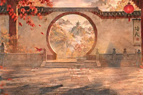 Autumn dojo courtyard with maple trees