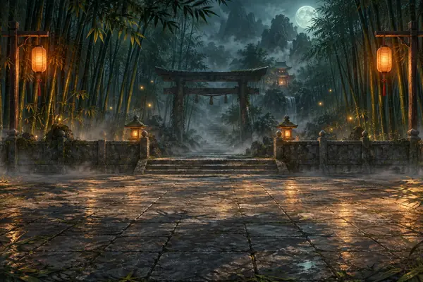 Misty bamboo grove at night with a shrine gate