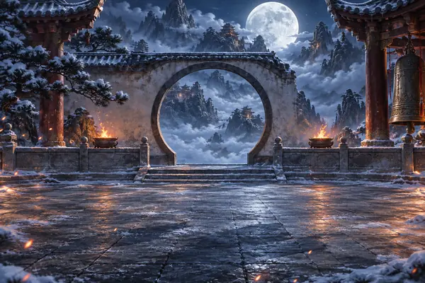 Snowy temple terrace under a full moon